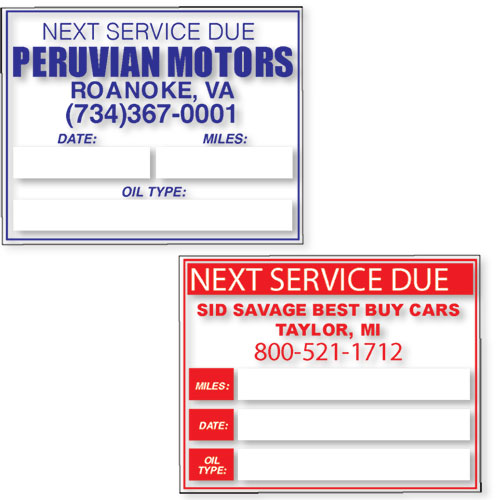 250 Fully Customized Oil Change Service Reminder Sticker Static Cling or LowTack 