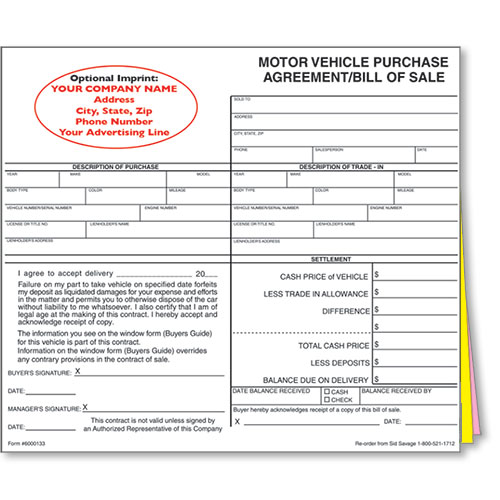 Custom Imprinted Bill of Sale Style 1 Car Sale Forms