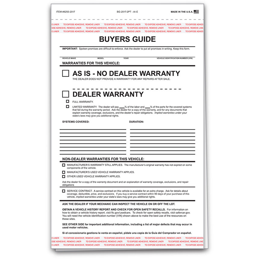 ~CAR DEALER LOT 200 BUYERS GUIDE ~ AS IS FORMS ..NEW as required by FTC Rule 