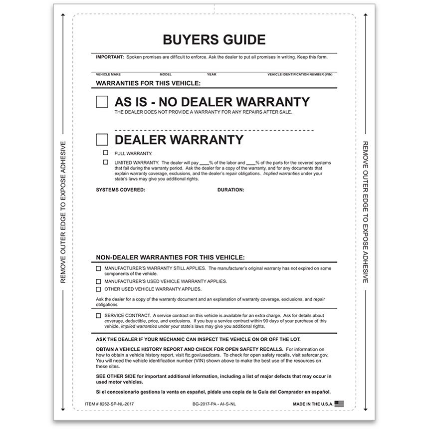 2 PART CAR DEALER BUYER GUIDE NO LINES PACK OF 100 AS IS FORMS WARRANTY ADHESIVE 