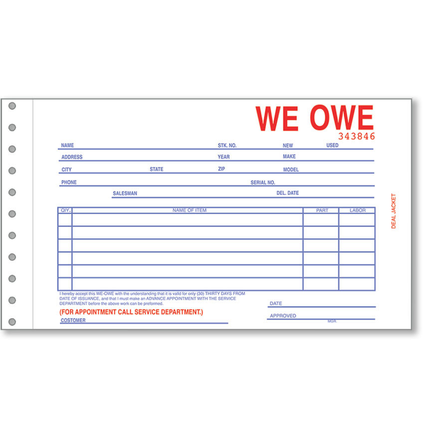 Form # 872 100 per pack Car Dealerships 3-Part We Owe / You Owe Form 
